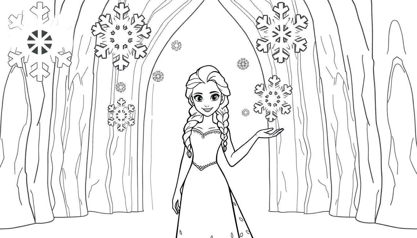 Elsa in einer Eisgrotte, eine Farbtafel zum Ausmalen.