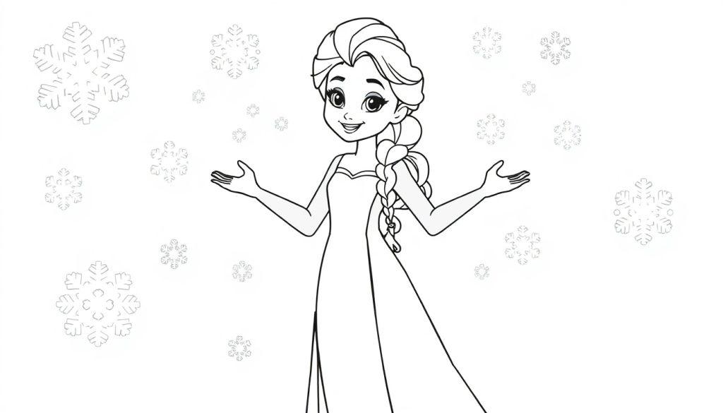 Elsa aus Frozen als Ausmalbild-Farbtafel mit Schneeflocken