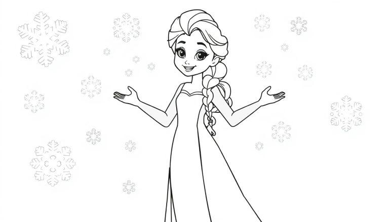 Elsa aus Frozen als Ausmalbild-Farbtafel mit Schneeflocken