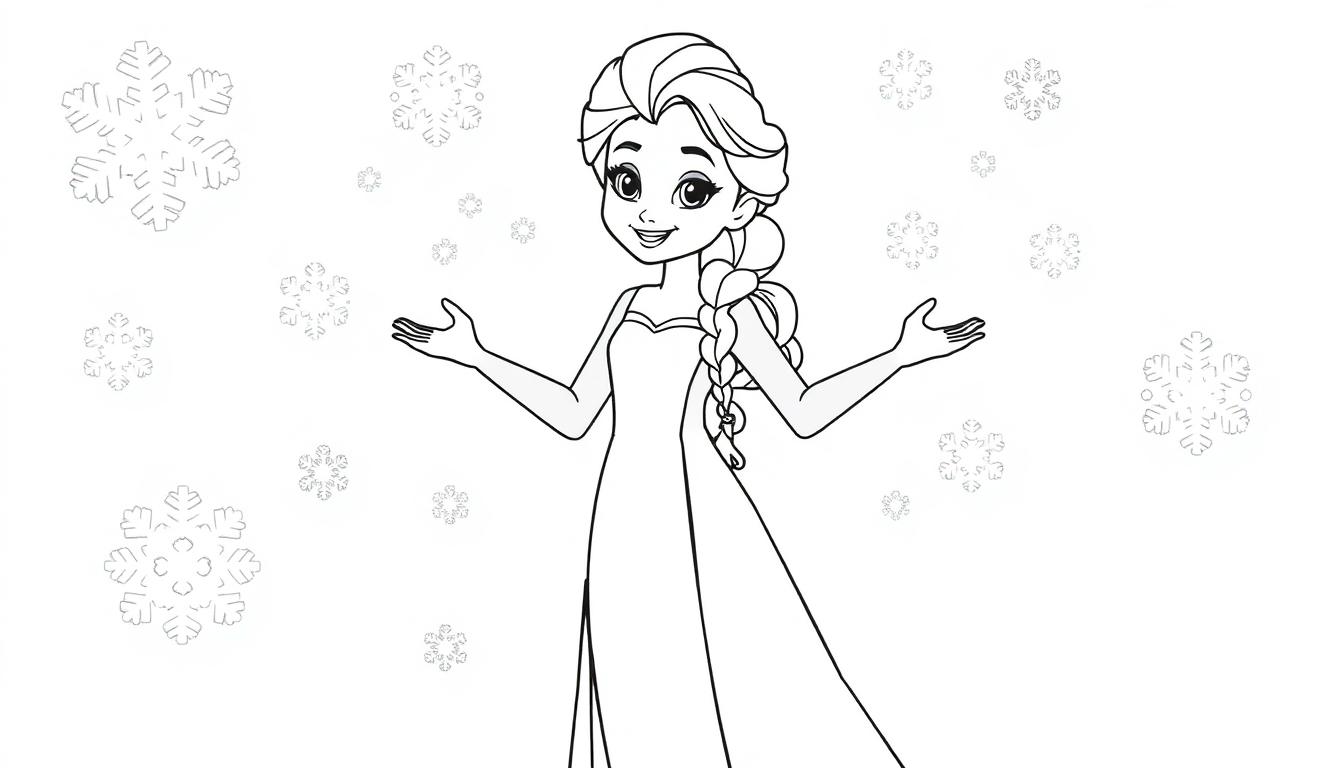 Elsa aus Frozen als Ausmalbild-Farbtafel mit Schneeflocken