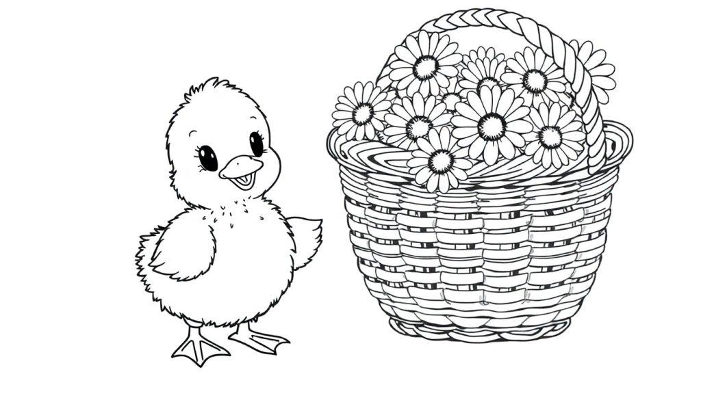 Schwarz-weiß Farbtafel-Zeichnung eines niedlichen Küken neben einem Korb mit Gänseblümchen.