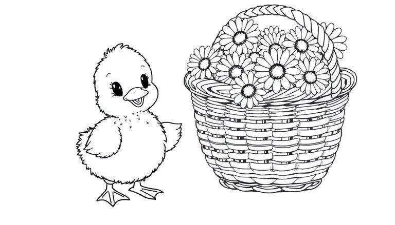 Schwarz-weiß Farbtafel-Zeichnung eines niedlichen Küken neben einem Korb mit Gänseblümchen.