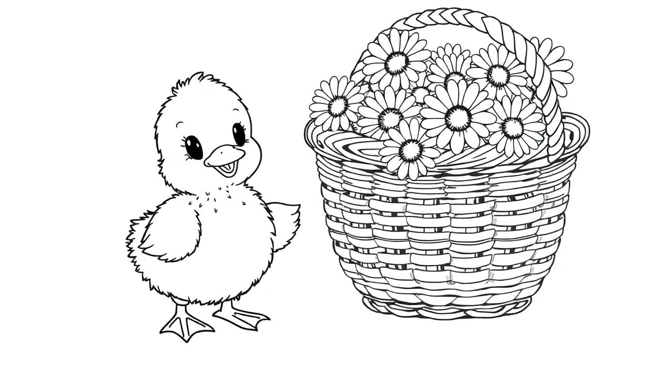 Schwarz-weiß Farbtafel-Zeichnung eines niedlichen Küken neben einem Korb mit Gänseblümchen.