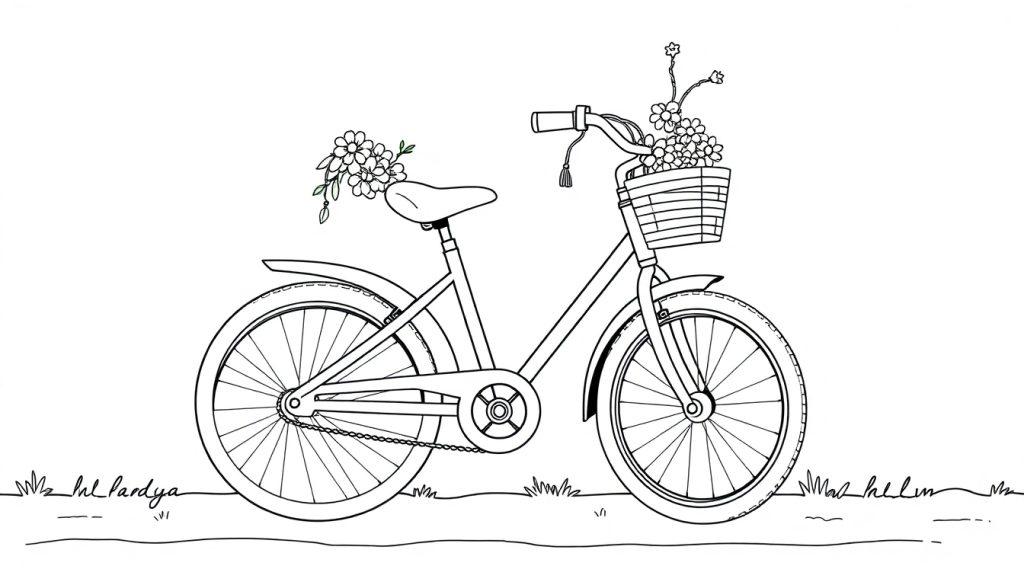 Eine Schwarz-weiße Farbtafel eines Hollandrads mit Blumen im Korb.