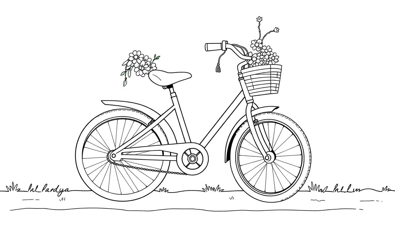 Eine Schwarz-weiße Farbtafel eines Hollandrads mit Blumen im Korb.