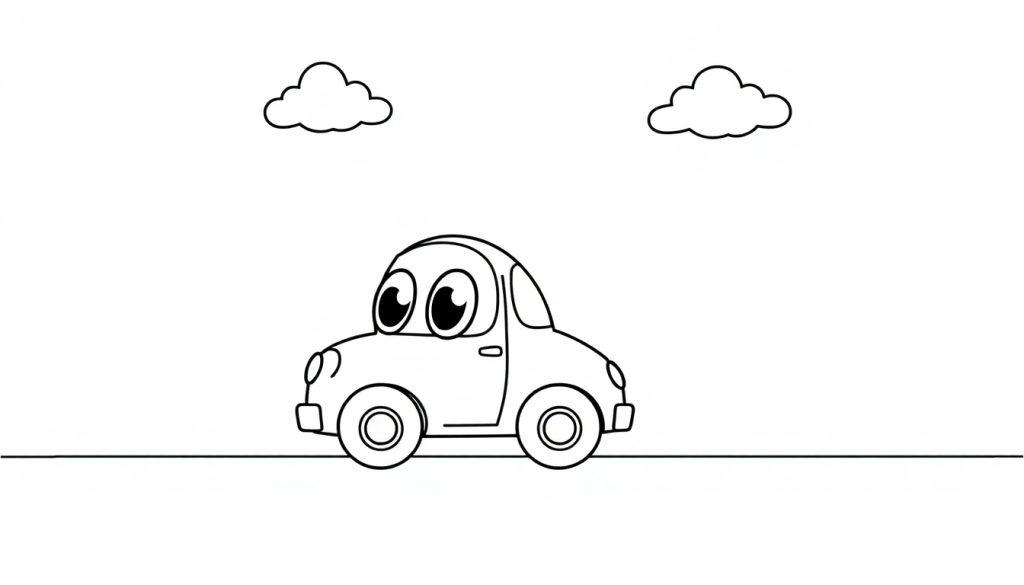 Ein süßes, schwarz-weißes Cartoon-Auto mit großen Augen auf einer Farbtafel-Straße.