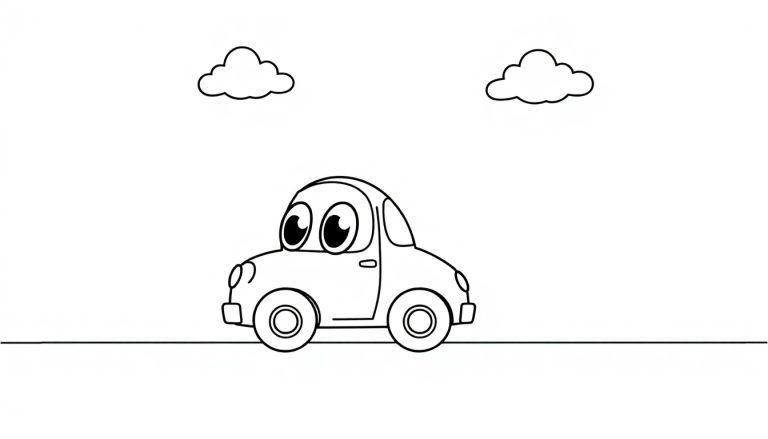 Ein süßes, schwarz-weißes Cartoon-Auto mit großen Augen auf einer Farbtafel-Straße.
