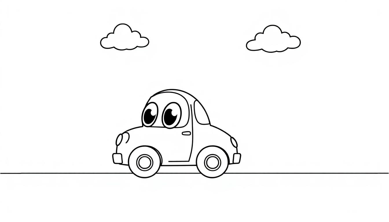 Ein süßes, schwarz-weißes Cartoon-Auto mit großen Augen auf einer Farbtafel-Straße.