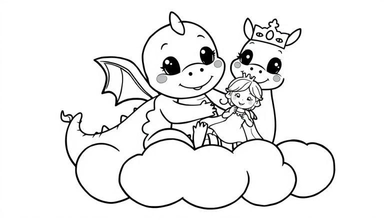 Eine niedliche Farbtafel-Illustration mit einem freundlichen Drachen, einem Einhorn mit Krone und einer kleinen Prinzessin auf einer Wolke.
