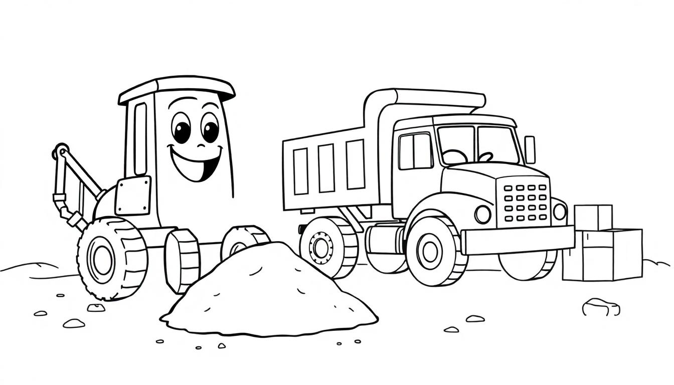 Schwarz-Weiß-Farbtafel: Freundlicher Bagger und fröhlicher Muldenkipper auf Baustelle.