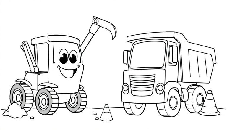 Farbtafel: Zwei Cartoon-Baumaschinen, ein Bagger und ein Kipplaster, auf einer Baustelle im Umrissstil.