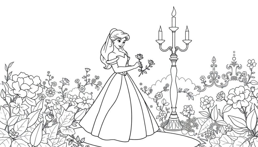 Farbtafel: Eine Prinzessin in einem Garten mit einer Rose und einem Kerzenleuchter.