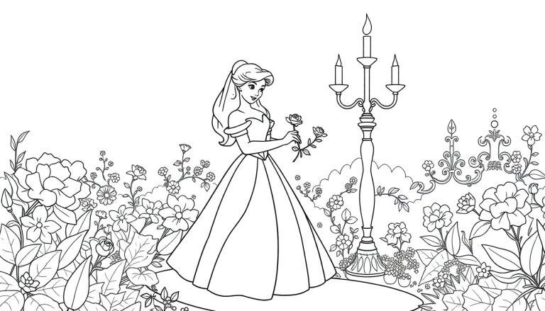 Farbtafel: Eine Prinzessin in einem Garten mit einer Rose und einem Kerzenleuchter.