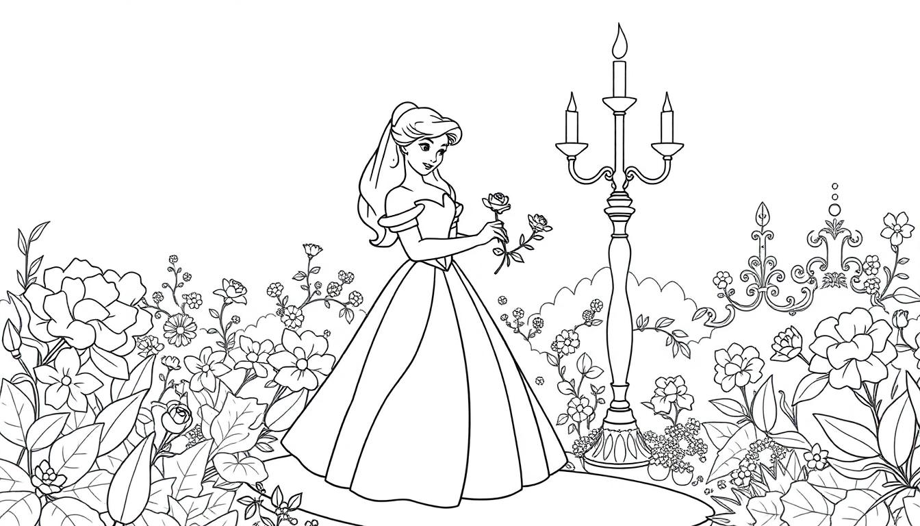 Farbtafel: Eine Prinzessin in einem Garten mit einer Rose und einem Kerzenleuchter.