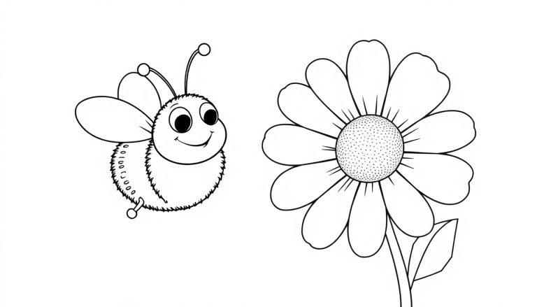 Eine fröhliche Biene fliegt zu einer Gänseblümchen-Farbtafel.
