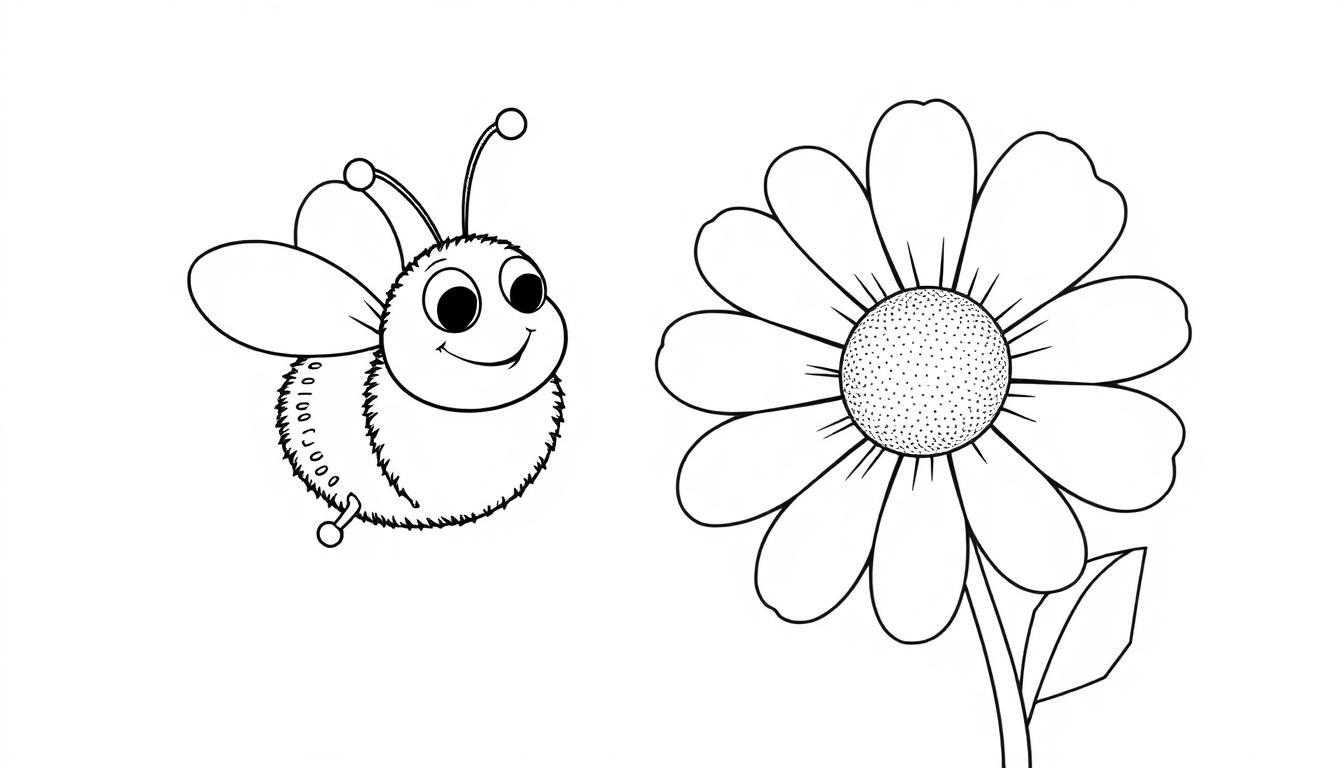 Eine fröhliche Biene fliegt zu einer Gänseblümchen-Farbtafel.