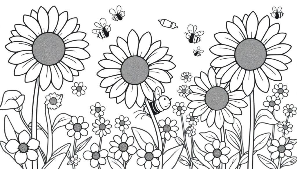 Eine Schwarz-Weiß-Farbtafel mit Blumen und Bienen.