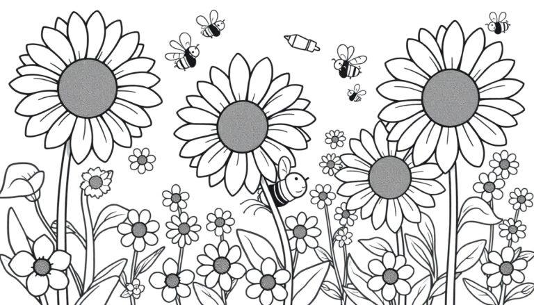 Eine Schwarz-Weiß-Farbtafel mit Blumen und Bienen.