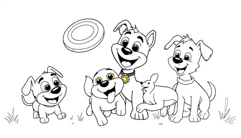 Eine Schwarz-Weiß-Farbtafel von vier fröhlichen Cartoon-Hunden, die auf einer Wiese spielen, mit einer Wurfscheibe im Hintergrund.