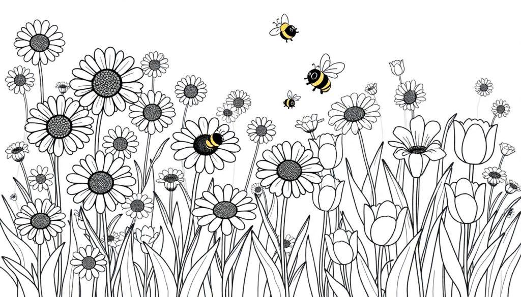 Eine Farbtafel einer Blumenwiese mit Gänseblümchen, Tulpen und Bienen.