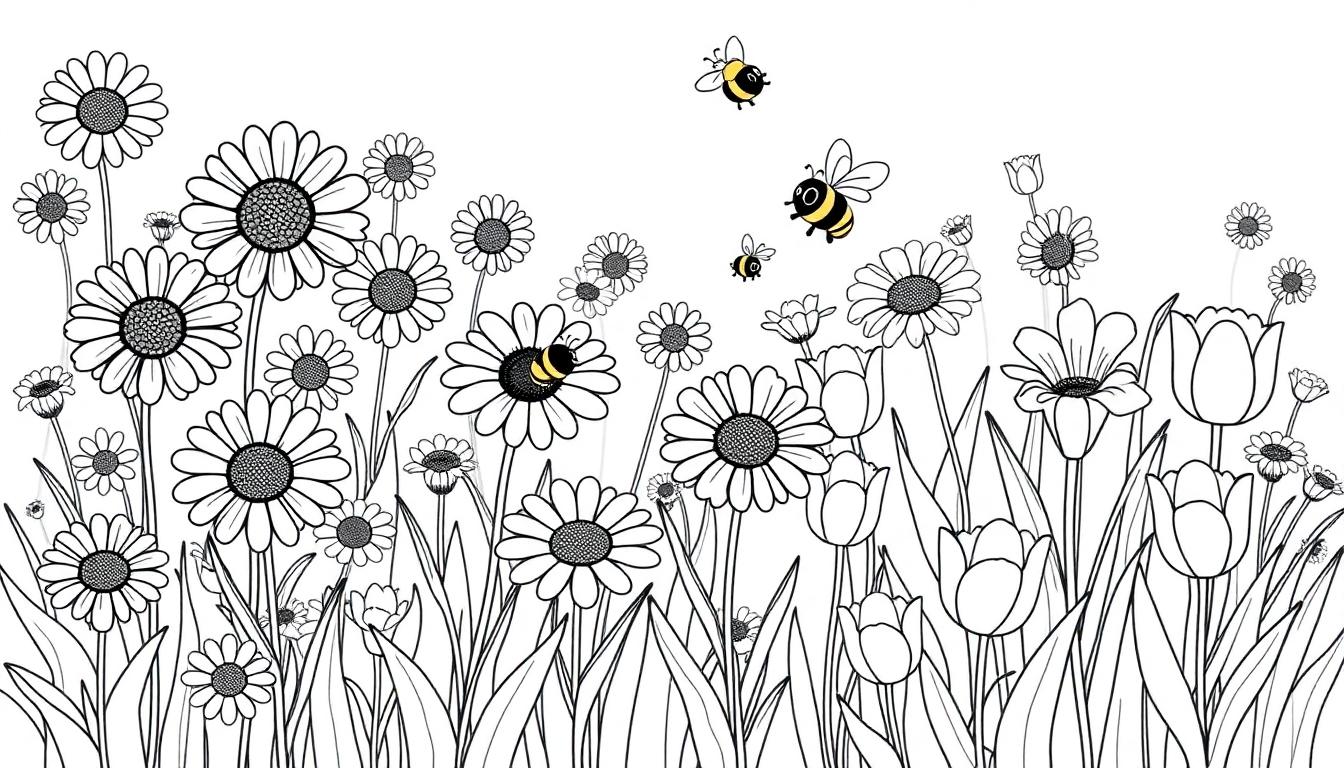 Eine Farbtafel einer Blumenwiese mit Gänseblümchen, Tulpen und Bienen.
