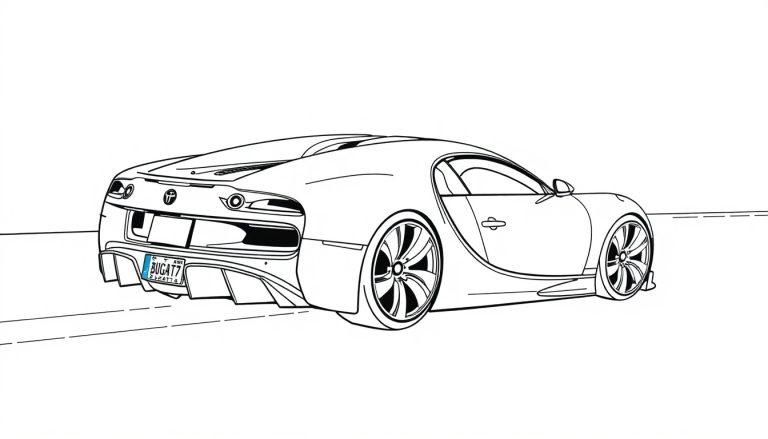 Farbtafel: Strichzeichnung eines Bugatti-Sportwagens von hinten.