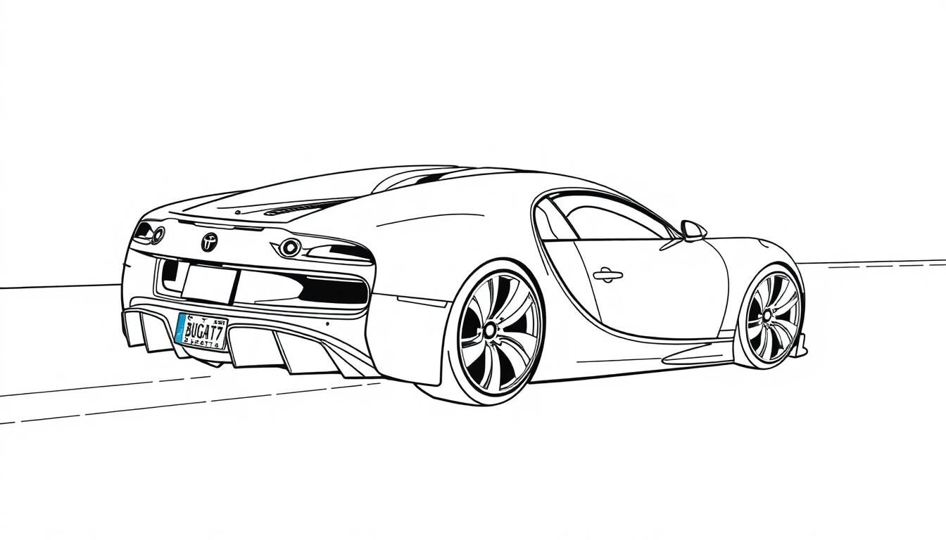 Farbtafel: Strichzeichnung eines Bugatti-Sportwagens von hinten.