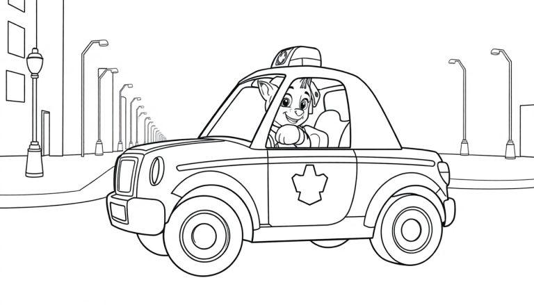 Farbtafel: Chase von Paw Patrol fährt im Polizeiauto durch die Stadt.