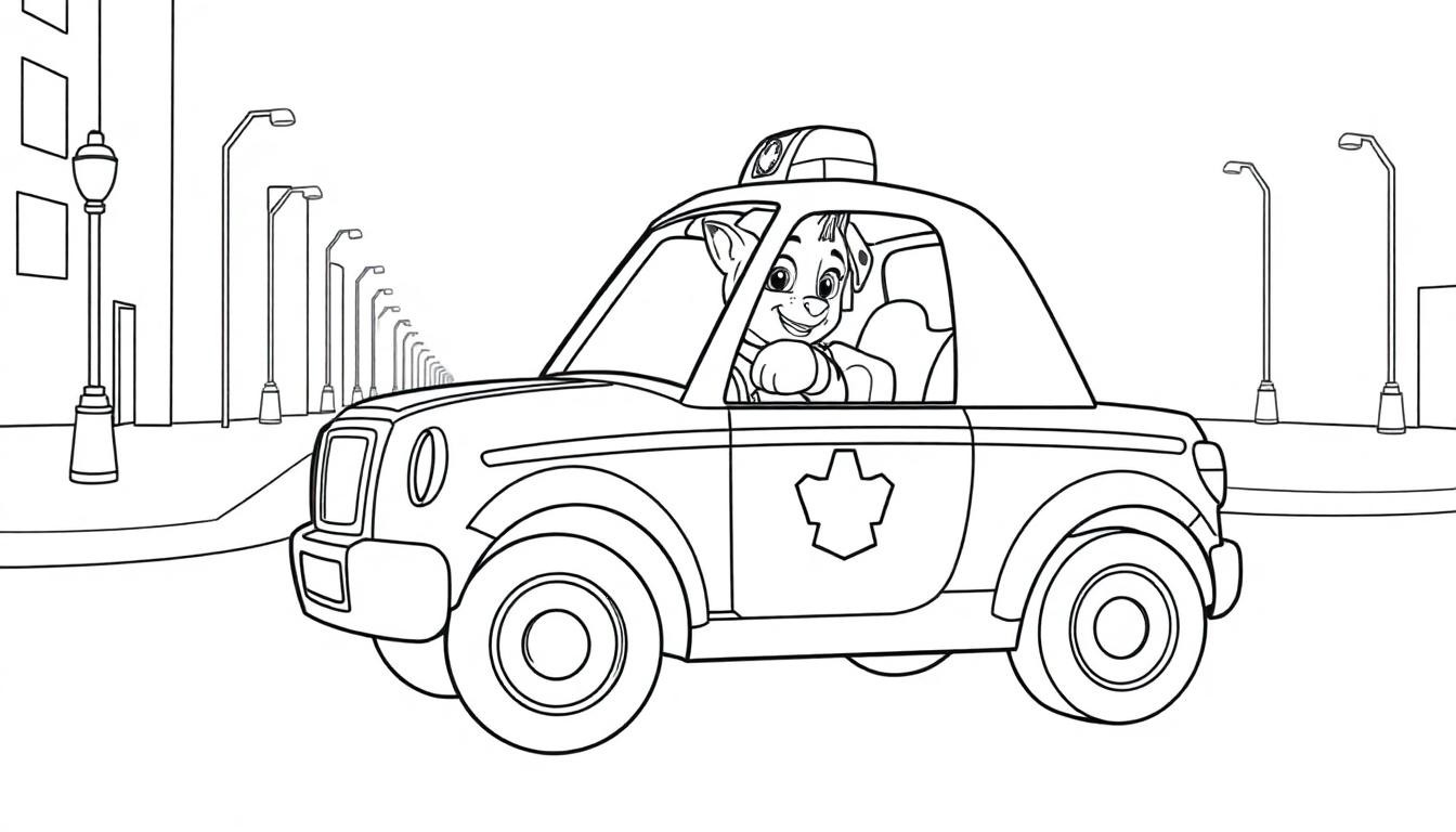 Farbtafel: Chase von Paw Patrol fährt im Polizeiauto durch die Stadt.