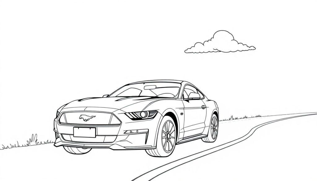 Schwarz-Weiß-Farbtafel-Zeichnung eines Ford Mustangs, der auf einer kurvigen Straße fährt, mit einer Wolke am Himmel.