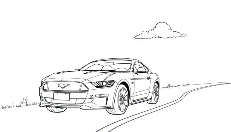 Schwarz-Weiß-Farbtafel-Zeichnung eines Ford Mustangs, der auf einer kurvigen Straße fährt, mit einer Wolke am Himmel.