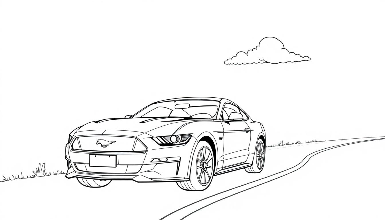 Schwarz-Weiß-Farbtafel-Zeichnung eines Ford Mustangs, der auf einer kurvigen Straße fährt, mit einer Wolke am Himmel.