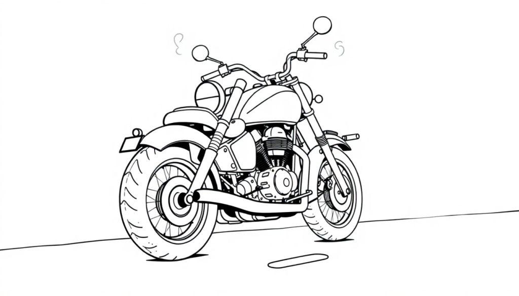 Schwarz-weiße Farbtafel eines coolen Motorrads im Cruiser-Stil mit einem runden Scheinwerfer und hochgezogenem Lenker, bereit für Abenteuer.