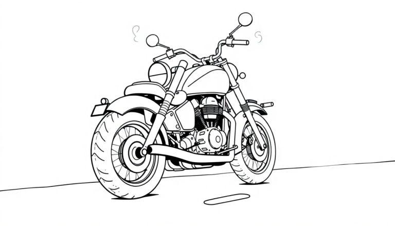 Schwarz-weiße Farbtafel eines coolen Motorrads im Cruiser-Stil mit einem runden Scheinwerfer und hochgezogenem Lenker, bereit für Abenteuer.