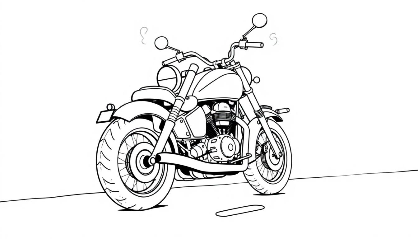 Schwarz-weiße Farbtafel eines coolen Motorrads im Cruiser-Stil mit einem runden Scheinwerfer und hochgezogenem Lenker, bereit für Abenteuer.