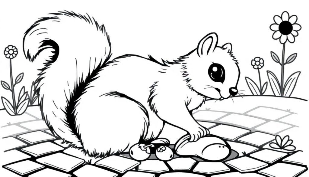 Schwarz-weiße Farbtafel-Illustration eines neugierigen Eichhörnchens, das vor Nüssen sitzt.