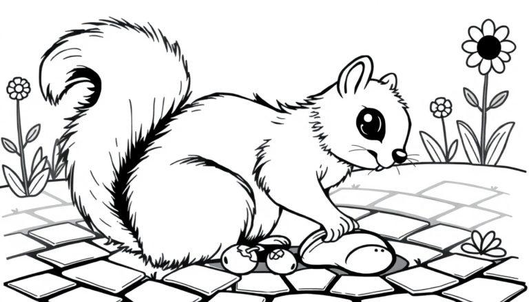 Schwarz-weiße Farbtafel-Illustration eines neugierigen Eichhörnchens, das vor Nüssen sitzt.