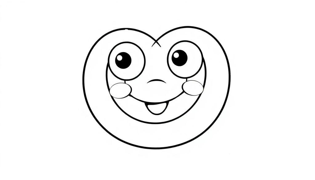 Eine Schwarz-weiß-Farbtafel eines lächelnden Cartoon-Herzens mit großen Augen.