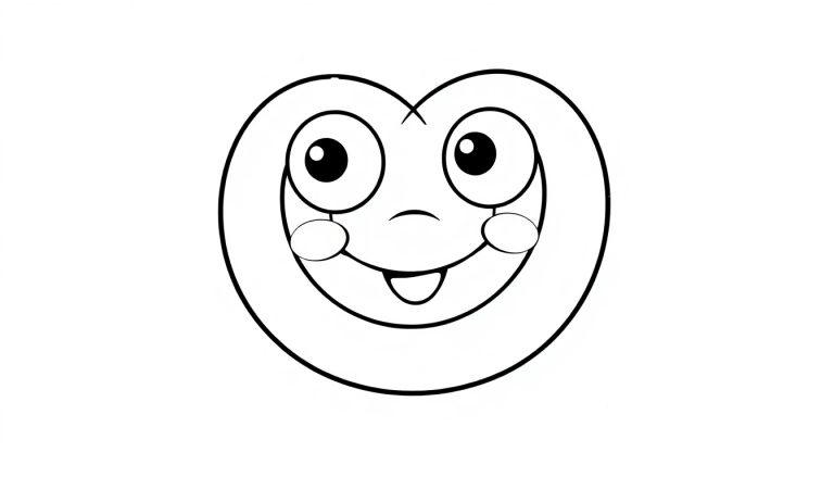 Eine Schwarz-weiß-Farbtafel eines lächelnden Cartoon-Herzens mit großen Augen.