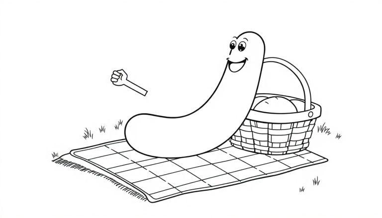 Eine Schwarz-Weiß-Farbtafel einer Cartoon-Wurst, die auf einer Decke sitzt und eine Faust in der Luft hält.