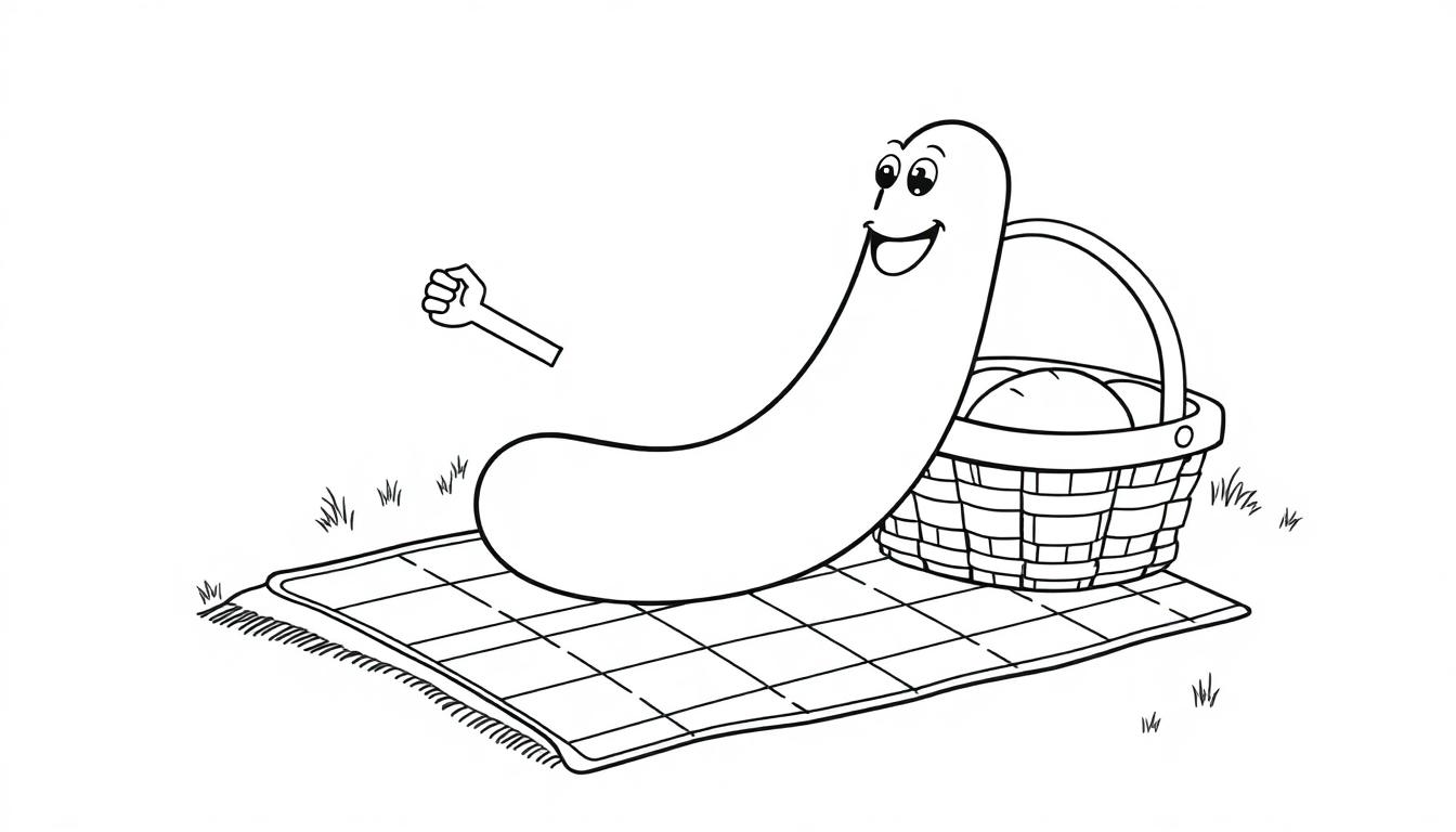 Eine Schwarz-Weiß-Farbtafel einer Cartoon-Wurst, die auf einer Decke sitzt und eine Faust in der Luft hält.