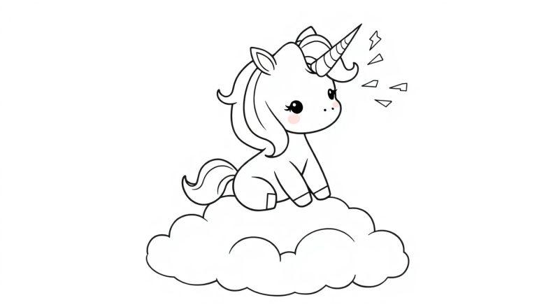 Eine süße Farbtafel mit einem Einhorn auf einer Wolke.