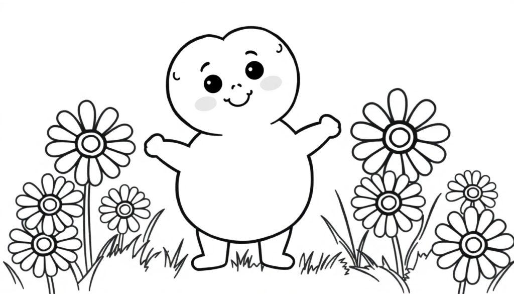 Eine niedliche, birnenförmige Cartoonfigur mit großen runden Augen und einem Lächeln, die auf einer bunten Wiese steht. Diese Schwarz-Weiß-Farbtafel zeigt ein freundliches Wesen inmitten von Gänseblümchen.