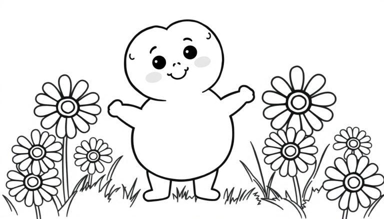 Eine niedliche, birnenförmige Cartoonfigur mit großen runden Augen und einem Lächeln, die auf einer bunten Wiese steht. Diese Schwarz-Weiß-Farbtafel zeigt ein freundliches Wesen inmitten von Gänseblümchen.