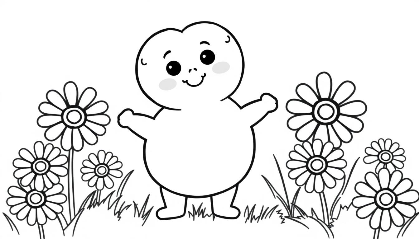 Eine niedliche, birnenförmige Cartoonfigur mit großen runden Augen und einem Lächeln, die auf einer bunten Wiese steht. Diese Schwarz-Weiß-Farbtafel zeigt ein freundliches Wesen inmitten von Gänseblümchen.