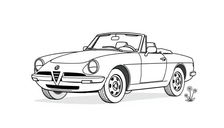 Farbtafel: Schwarz-weiße Strichzeichnung eines Alfa Romeo Spider Cabrios mit Gänseblümchen.