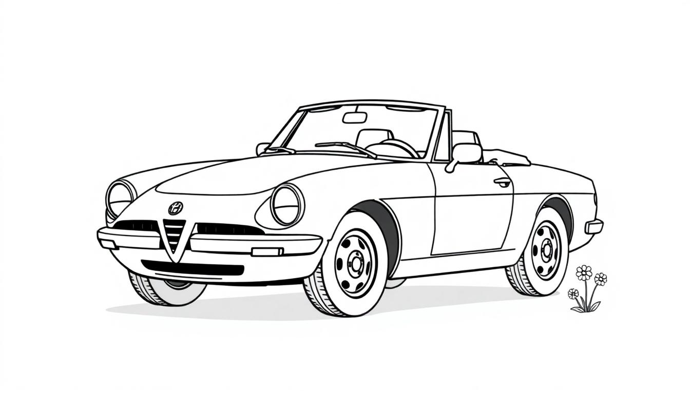 Farbtafel: Schwarz-weiße Strichzeichnung eines Alfa Romeo Spider Cabrios mit Gänseblümchen.