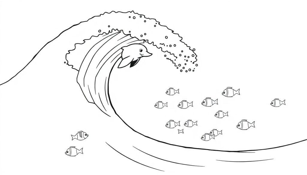 Eine schwarz-weiße Farbtafelzeichnung eines Delfins, der auf einer Welle reitet, umgeben von kleinen Fischen.