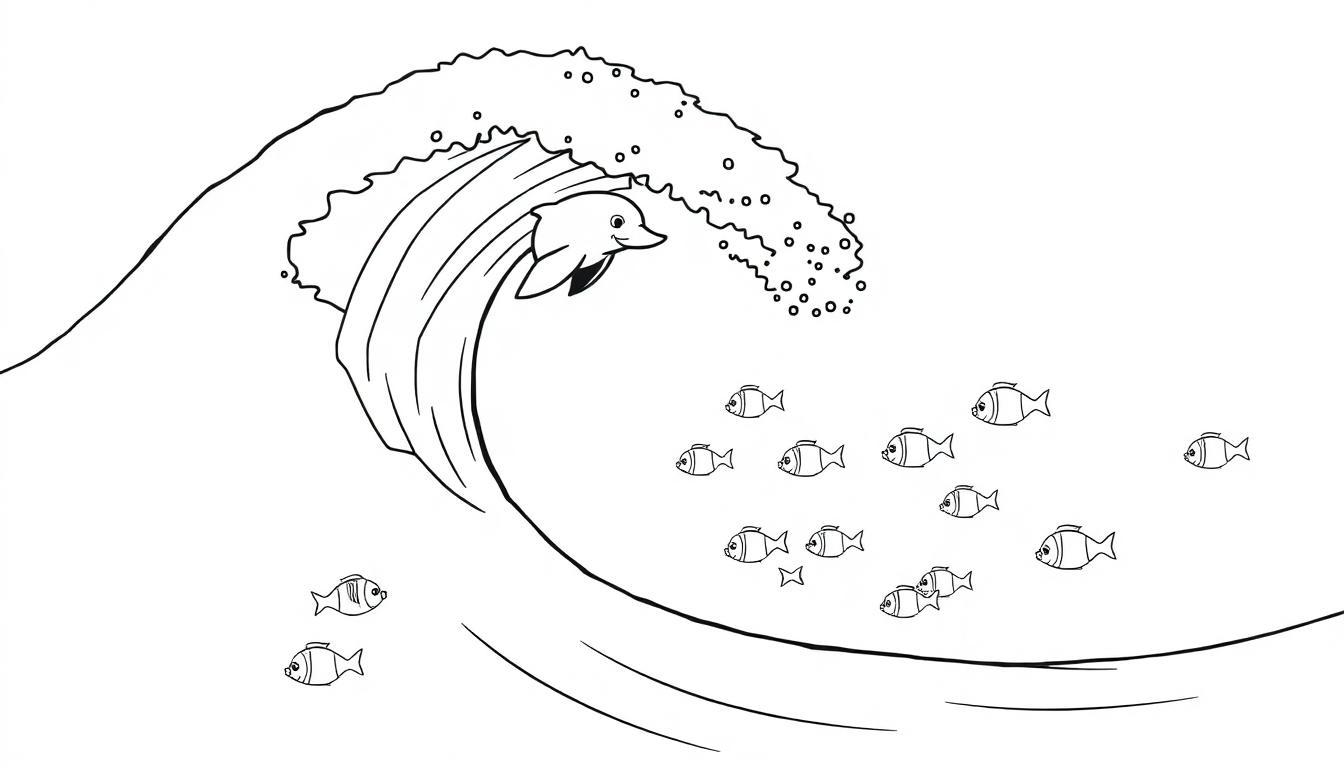 Eine schwarz-weiße Farbtafelzeichnung eines Delfins, der auf einer Welle reitet, umgeben von kleinen Fischen.