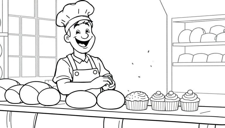 Eine Schwarz-Weiß-Farbtafel eines fröhlichen Bäckers mit Kochmütze und Schürze, der in einer Bäckerei hinter einem Tisch mit Brot und Muffins steht.